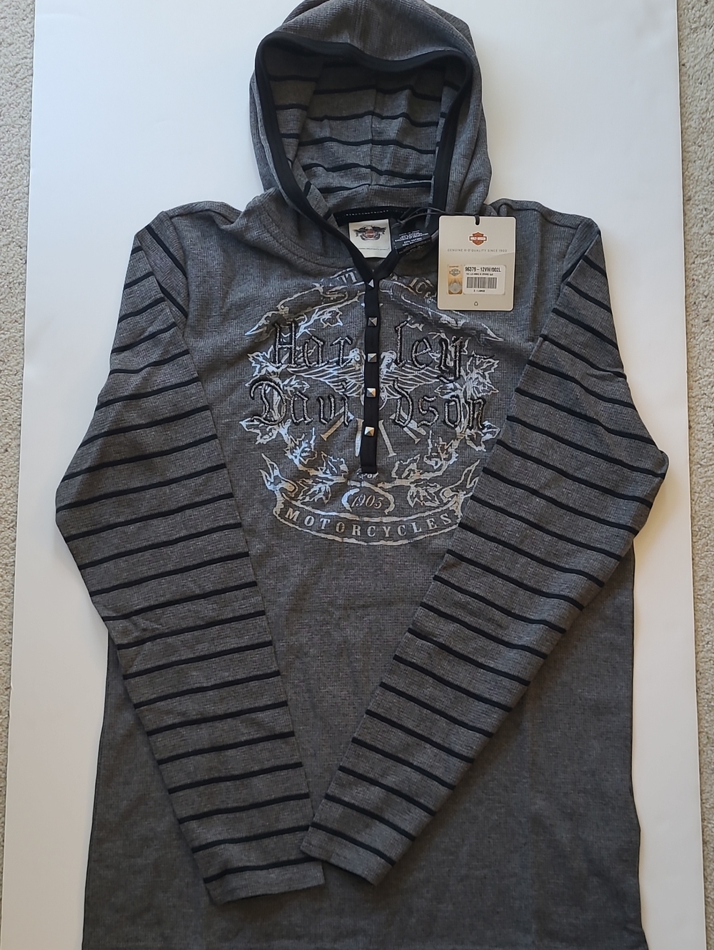 Harley-Davidson Gray and Black Striped Snap Hoodie Thermal